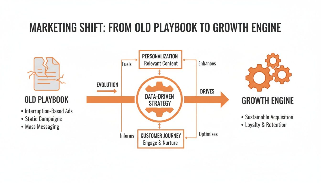 Diagram illustrating the shift from old marketing tactics to a data-driven growth engine.