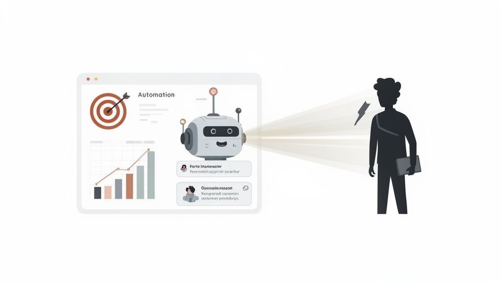 An automation interface with a friendly robot sending energy towards a person, symbolizing efficient digital marketing services.