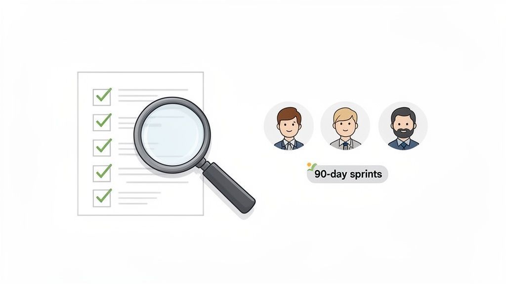 An illustration showing a checklist, magnifying glass, three team members, and '90-day sprints' text.