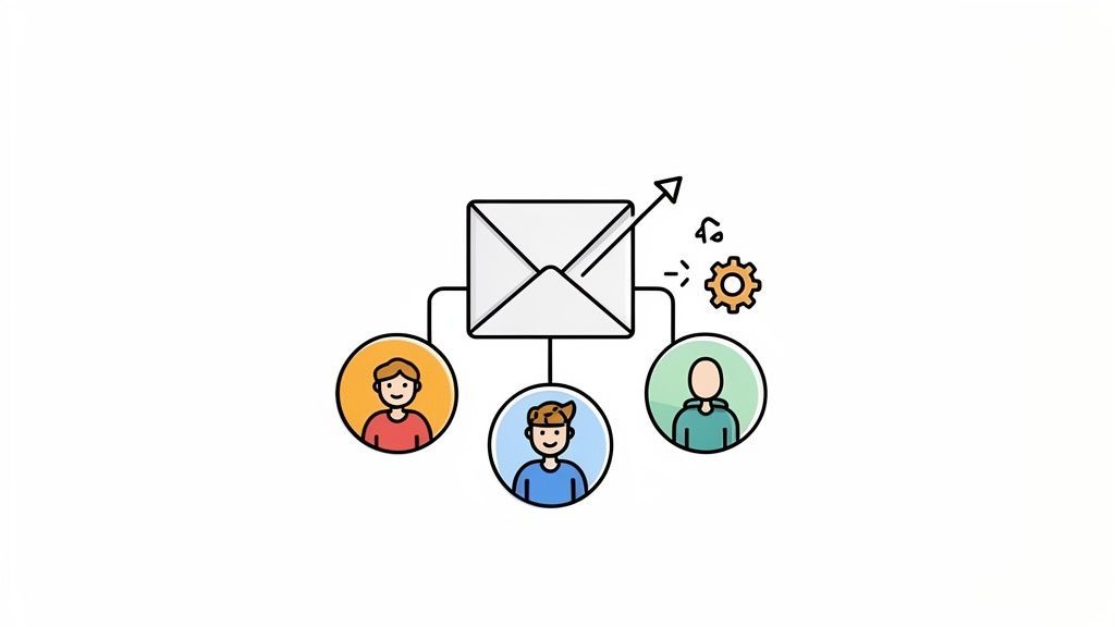 An illustration depicting email communication with three users, indicating strategy, outreach, or engagement.