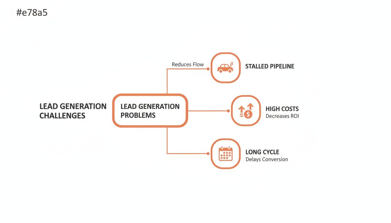 A flowchart detailing lead generation challenges and problems, identifying stalled pipelines, high costs, and long cycles.