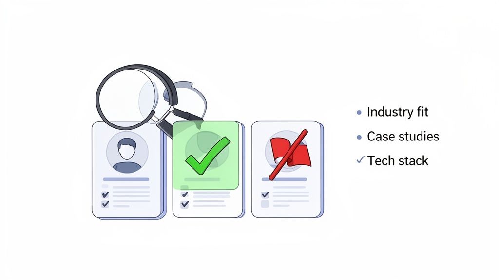 Illustration showing a magnifying glass reviewing profiles, one accepted and one rejected, with evaluation criteria.