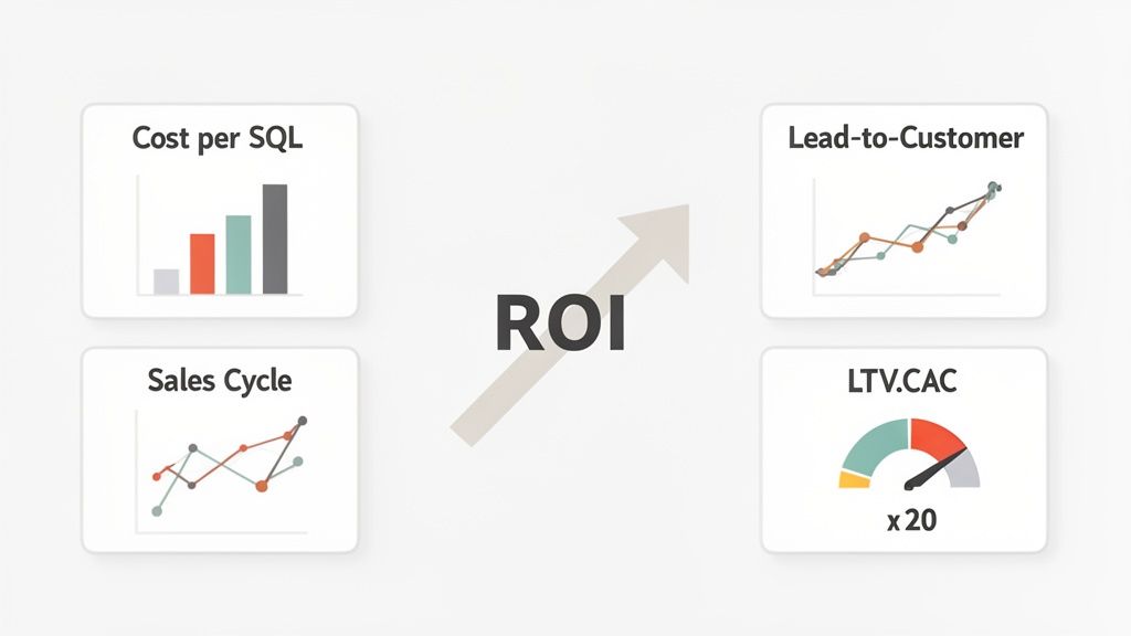 Dashboard showing key B2B metrics like Cost per SQL, Lead-to-Customer, Sales Cycle, and LTV.CAC, all contributing to increased ROI.