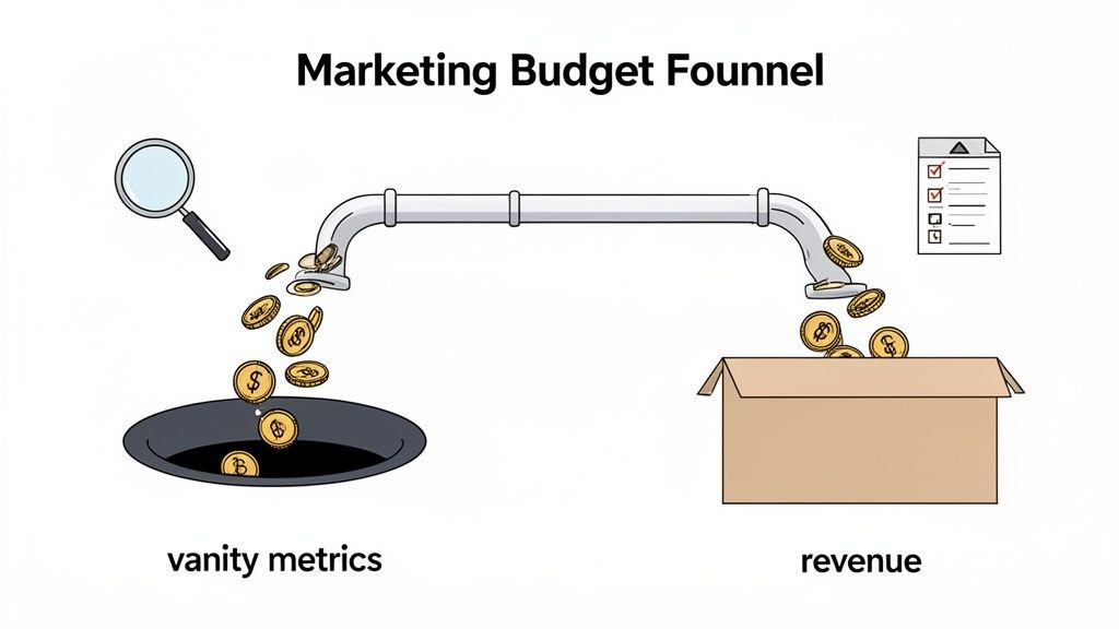 Illustration of marketing budget flowing through a pipe, wasted on vanity metrics, and generating revenue.