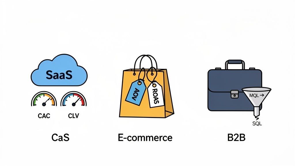 Illustration showing key performance metrics for SaaS, E-commerce, and B2B business models.