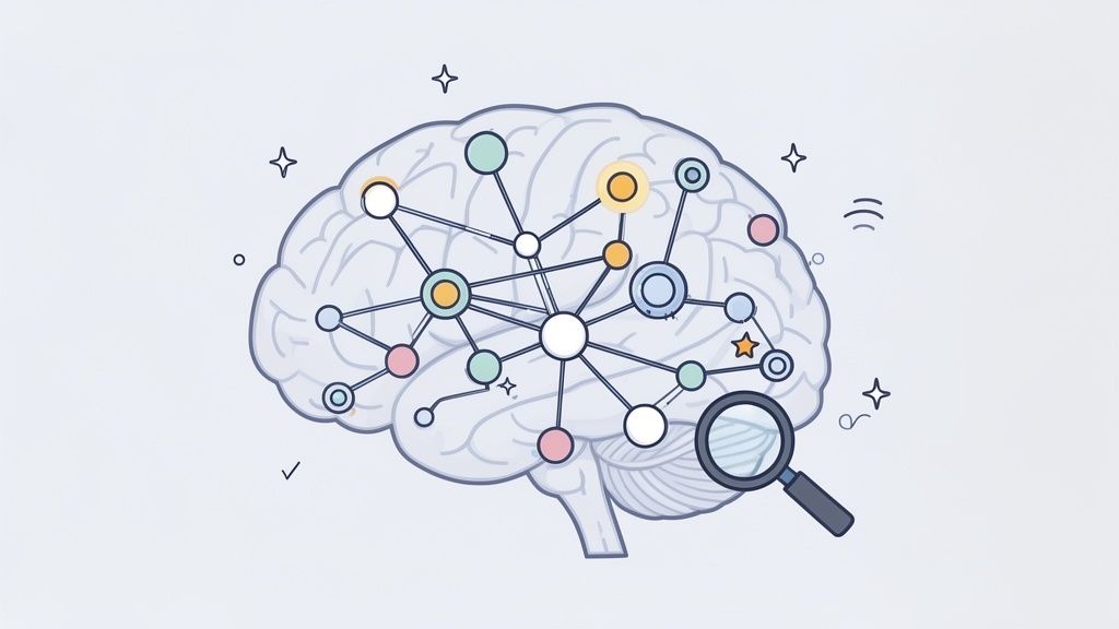 An illustration of a human brain with a complex network inside, being examined by a magnifying glass.