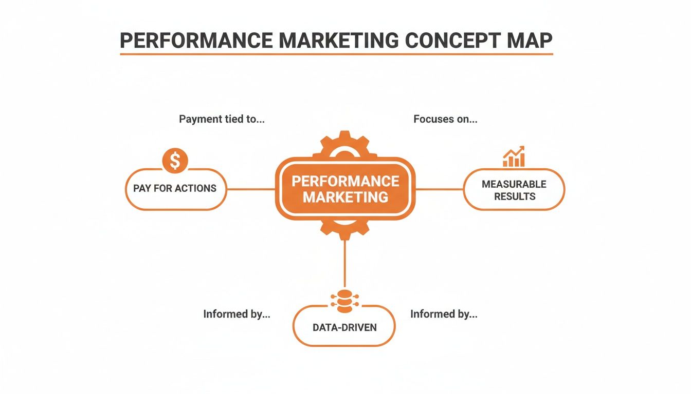 Concept map explaining performance marketing, highlighting its pay-for-actions, measurable results, and data-driven nature.