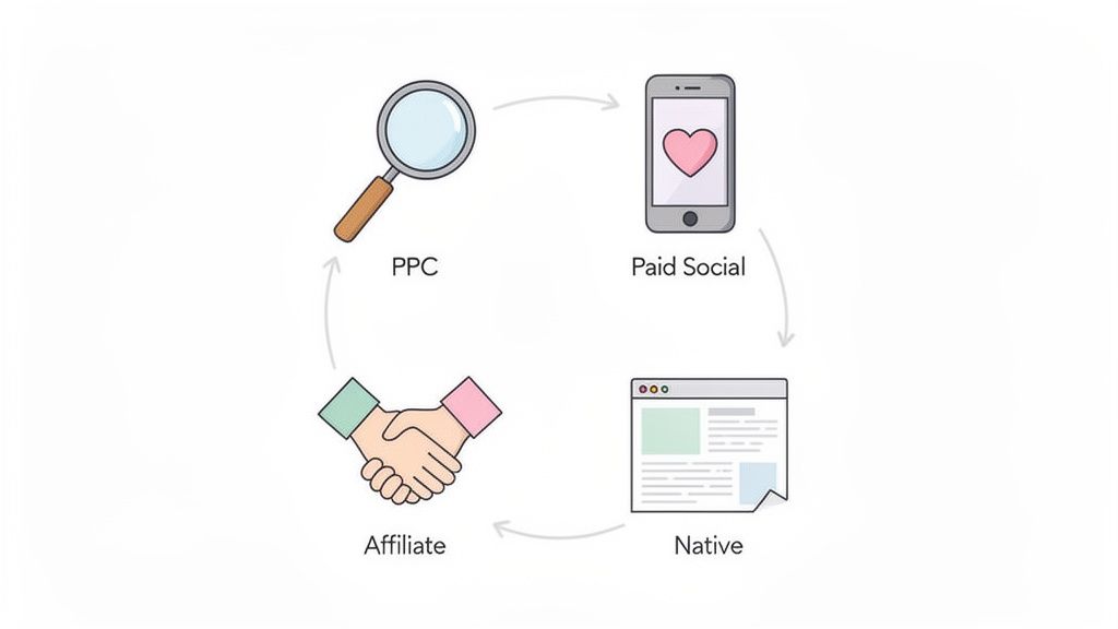 A circular diagram illustrating the performance marketing cycle, including PPC, Paid Social, Native, and Affiliate marketing.