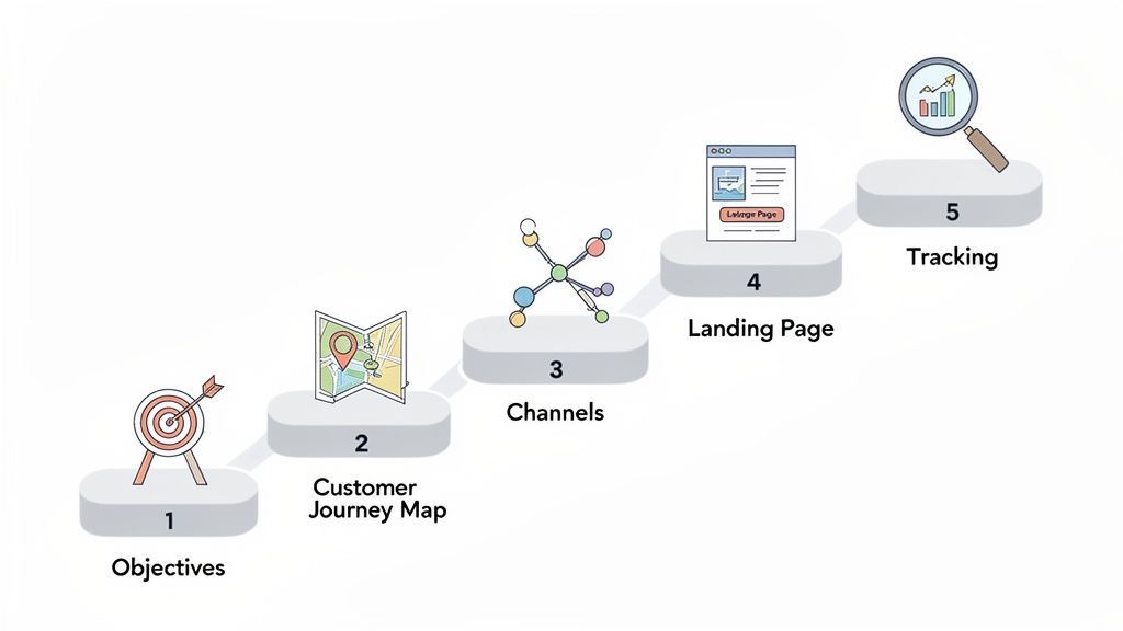 A 5-step performance marketing process diagram showing objectives, customer journey, channels, landing page, and tracking.