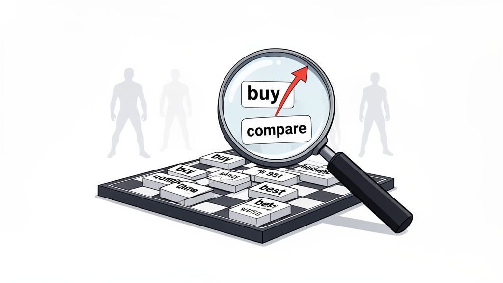 A magnifying glass highlights 'buy' and 'compare' keywords on a chessboard, showing search strategy.