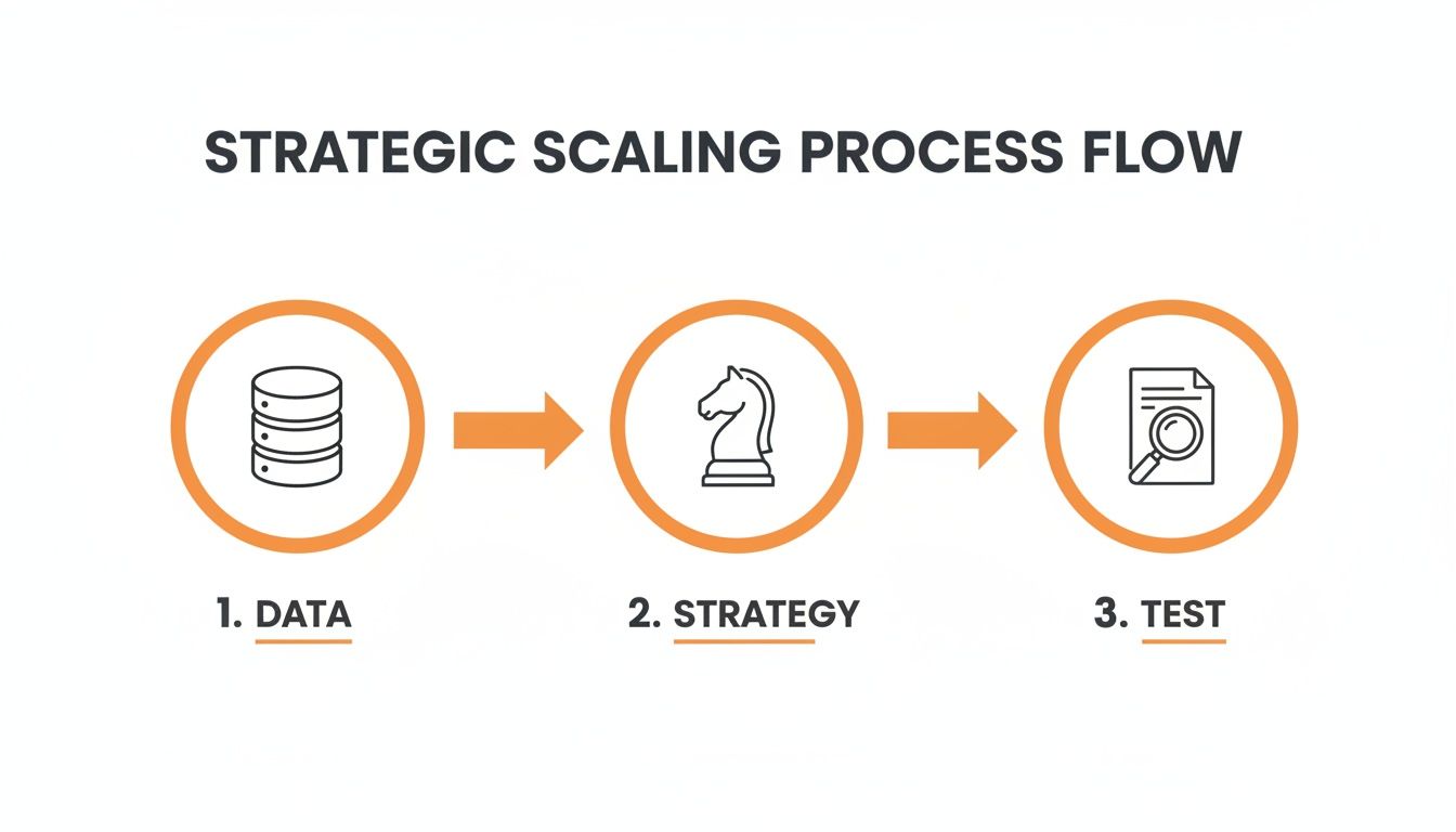 Diagram illustrating the strategic scaling process flow with three stages: data, strategy, and test.