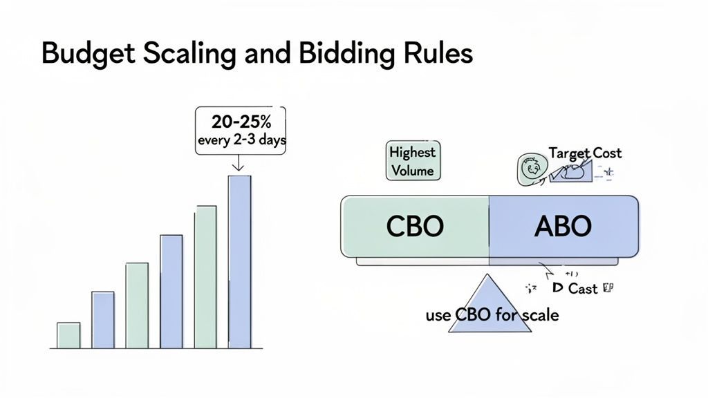 A diagram illustrating ad budget scaling by 20-25% every 2-3 days and comparing CBO vs. ABO bidding rules, recommending CBO for scale.
