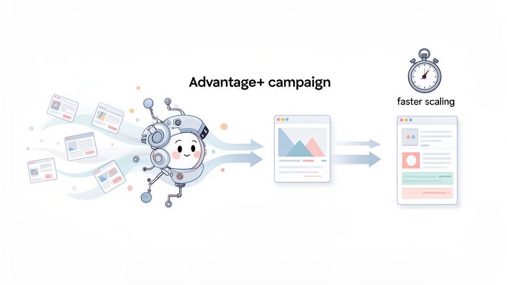 Cartoon robot processes multiple ad previews for an Advantage+ campaign, enabling faster scaling.