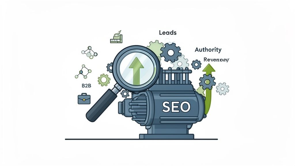 An SEO engine drives B2B marketing, generating leads, authority, and revenue growth.
