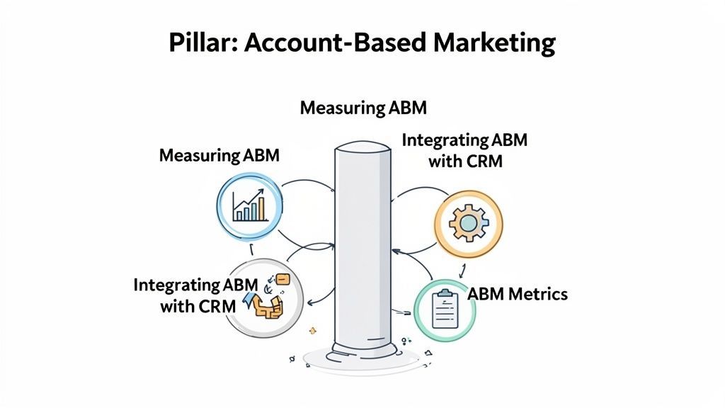 Infographic of Account-Based Marketing (ABM) pillar, highlighting measurement, CRM integration, and key ABM metrics.