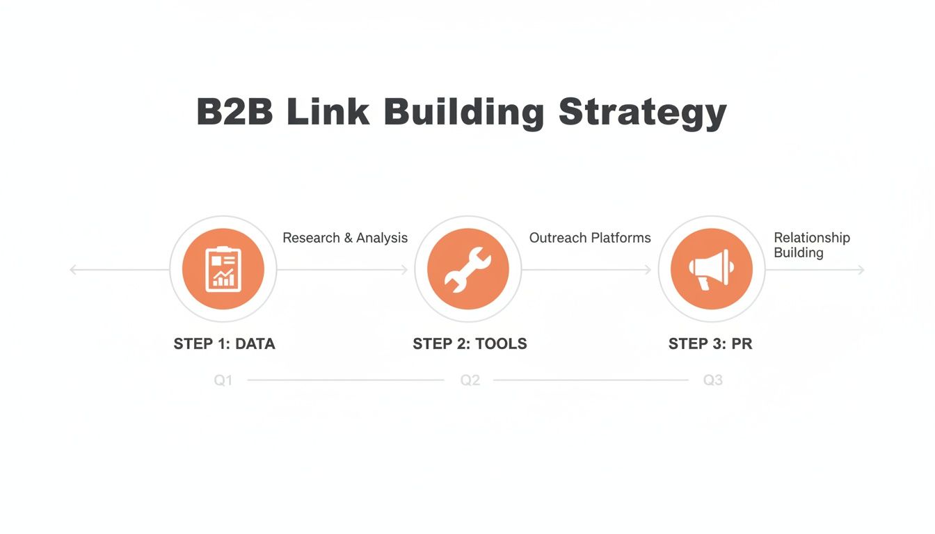 A diagram outlining a B2B link building strategy in three steps: Data, Tools, and PR.