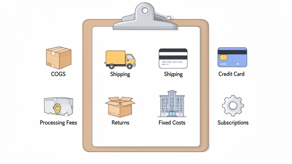 An illustration of various business costs and financial elements, including COGS, shipping, and fees.