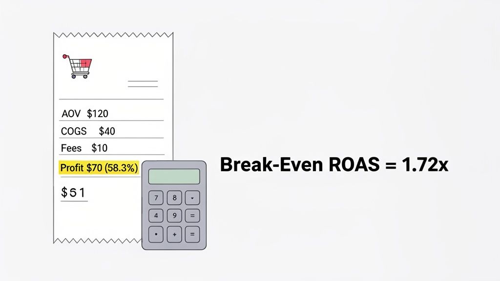 A receipt showing AOV, COGS, Fees, and Profit, next to a calculator with Break-Even ROAS of 1.72x.