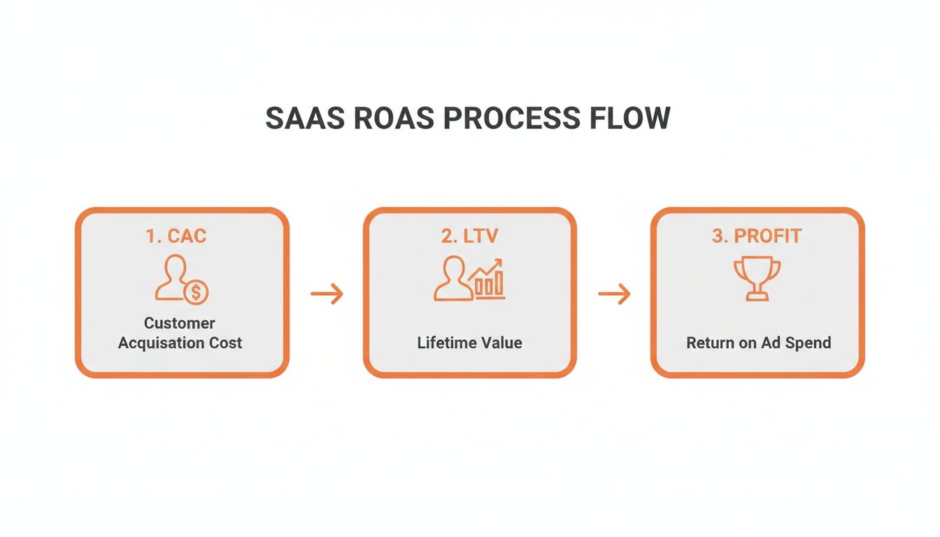 Flowchart illustrating the SAAS ROAS process: Customer Acquisition Cost, Lifetime Value, and Profit (ROAS).