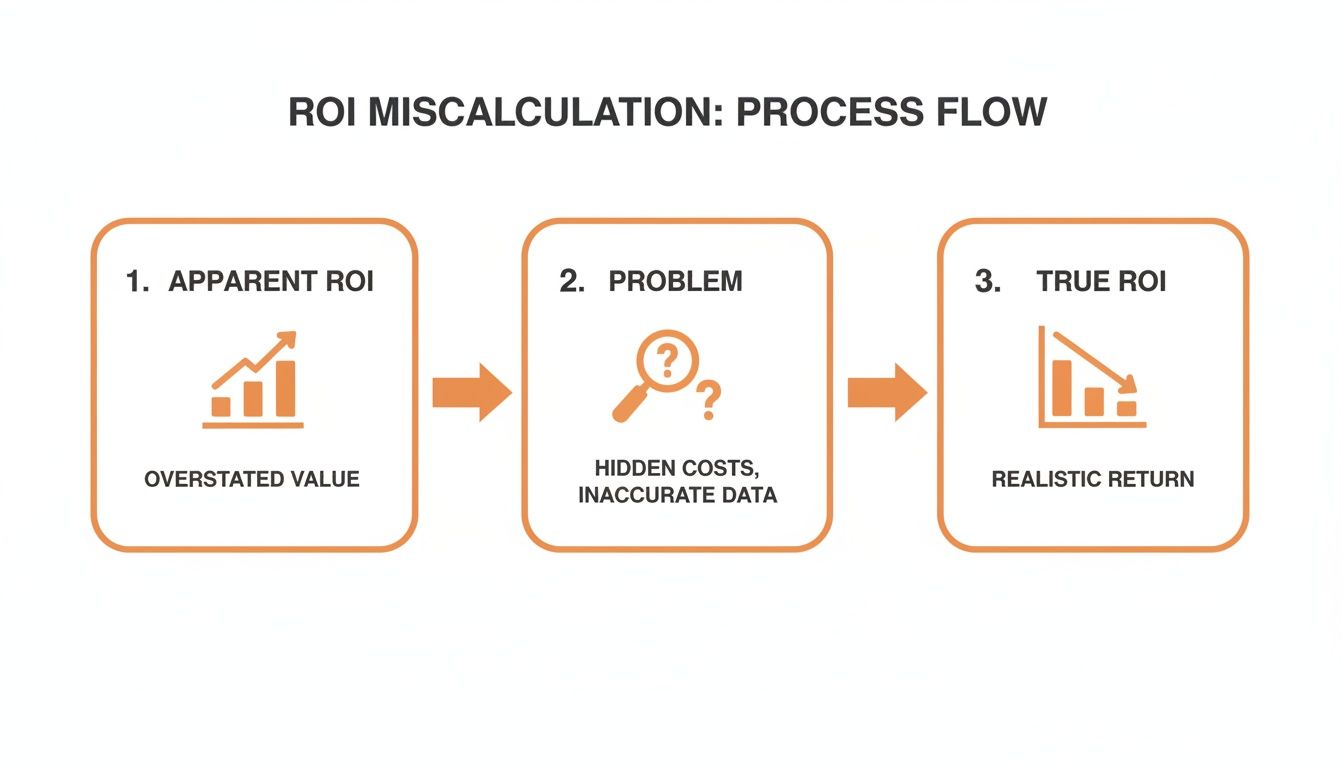 A process flow diagram showing ROI miscalculation from apparent (overstated) to true (realistic) ROI, highlighting hidden costs.