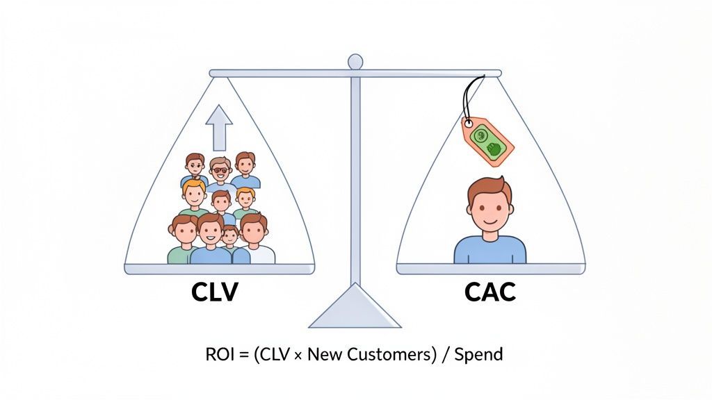 Balance scale illustrating Customer Lifetime Value (CLV) versus Customer Acquisition Cost (CAC) for marketing ROI.