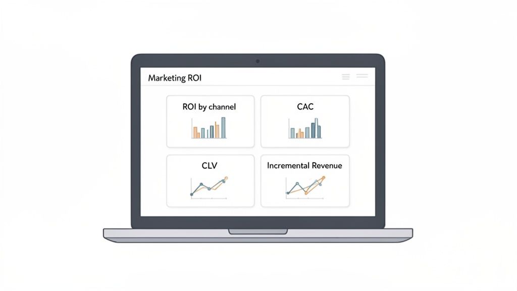 A laptop displaying a marketing ROI dashboard with key metrics like ROI by channel, CAC, CLV, and Incremental Revenue.