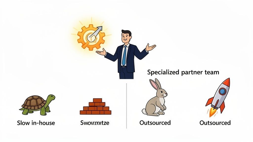 A man compares slow in-house (turtle, bricks) with fast outsourced options (rabbit, rocket) by a specialized partner team.