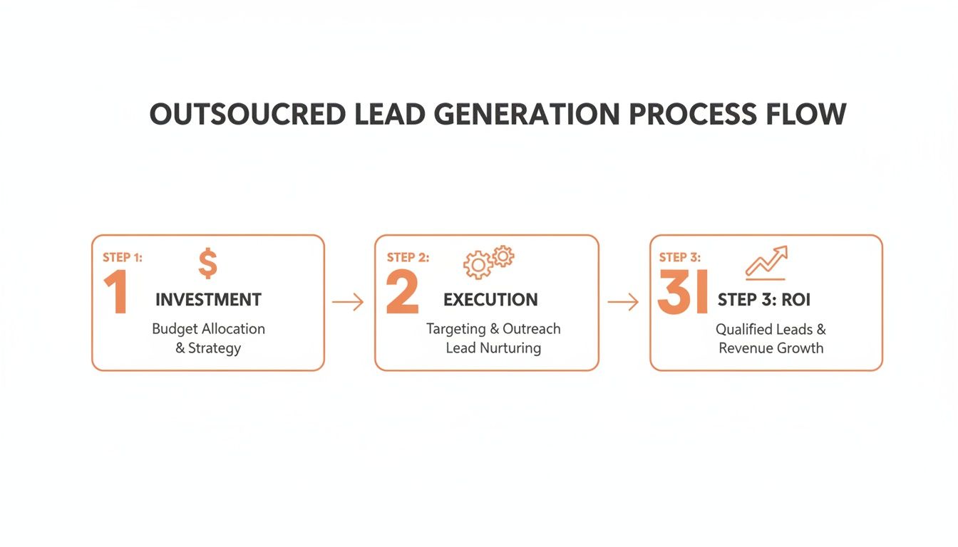 A three-step outsourced lead generation process flow illustrating investment, execution, and return on investment.