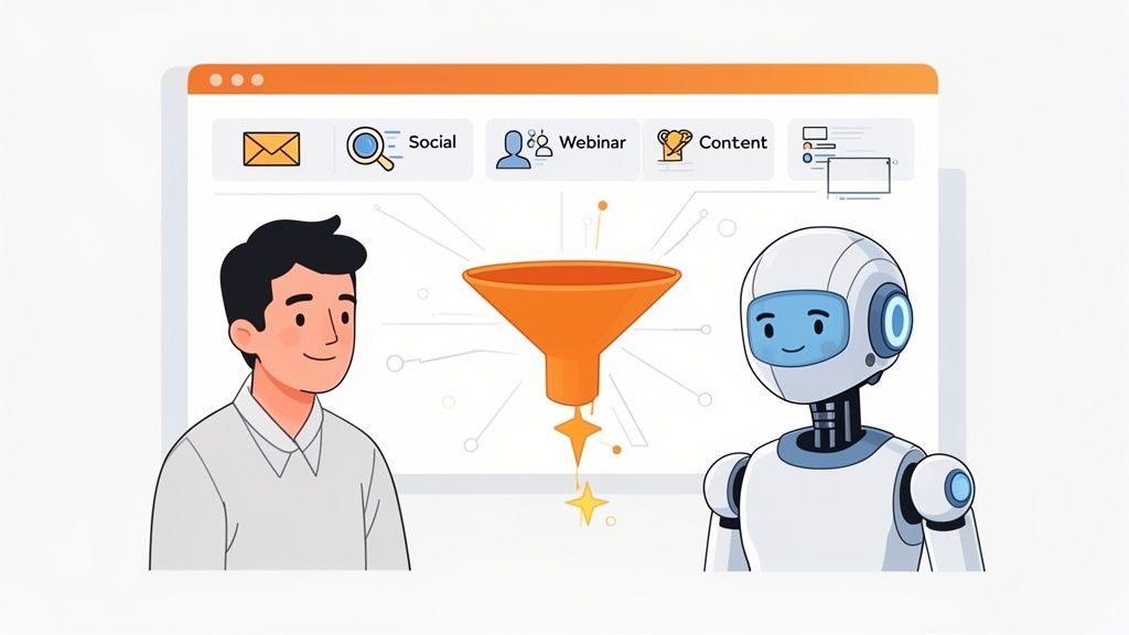 Man and robot collaborate on a digital marketing funnel for B2B lead generation strategies.