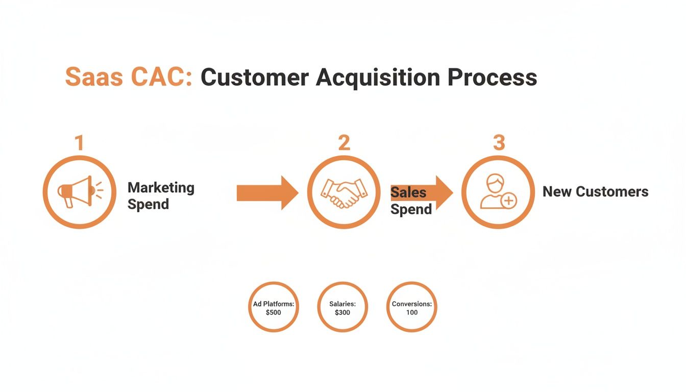 Diagram illustrating the SaaS Customer Acquisition Process with marketing, sales spend, and new customers, detailing ad, salary costs and conversions.