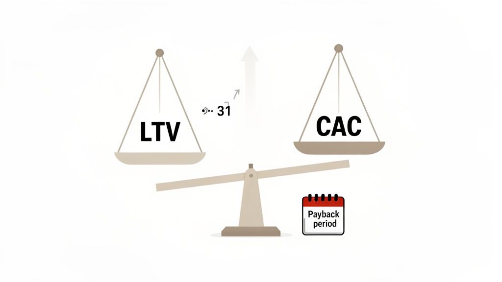 A balance scale tipped with CAC heavier than LTV, alongside a 'Payback period' calendar.