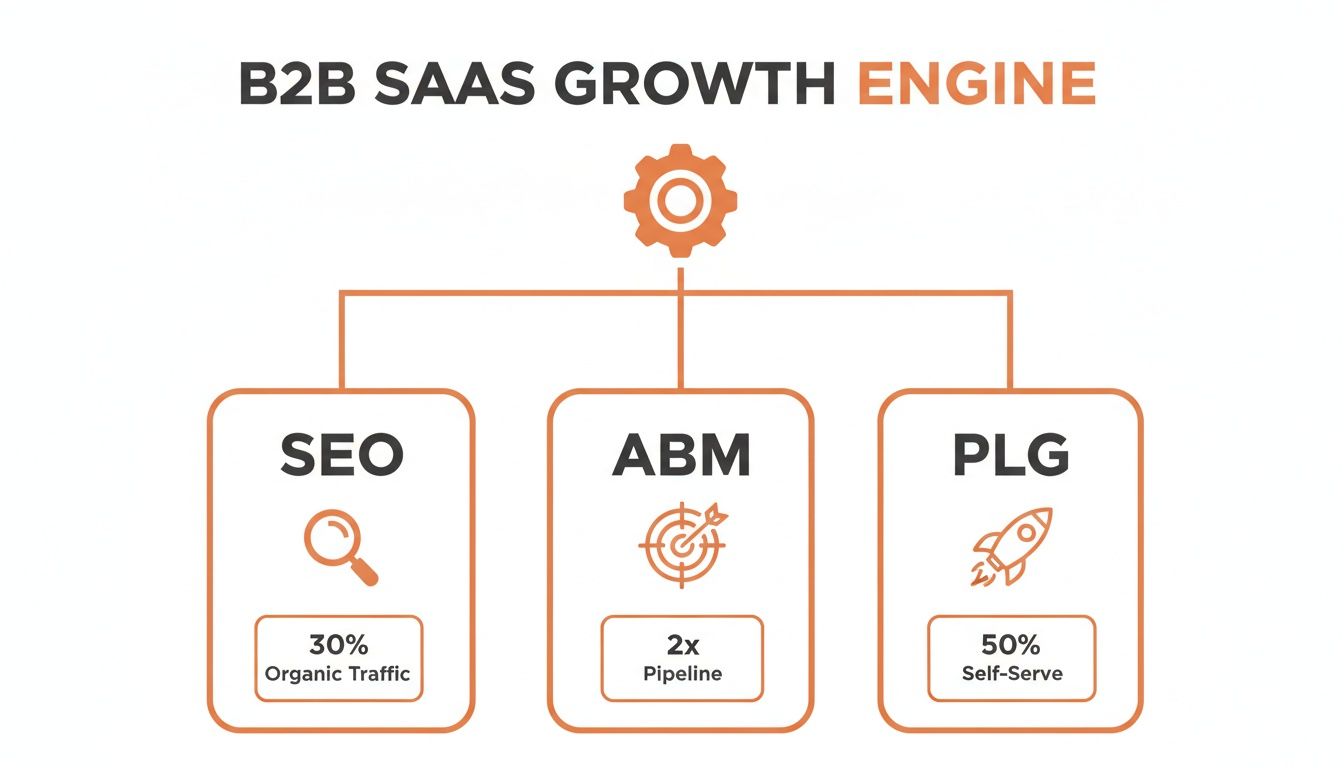 Diagram showing a B2B SaaS growth engine with SEO, ABM, and PLG strategies and their metrics.