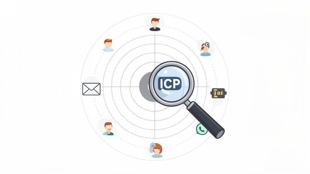 A magnifying glass with 'ICP' in its lens, surrounded by various customer profiles and communication icons.