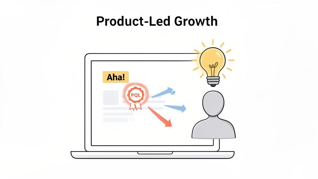 Illustration of Product-Led Gth, showing a laptop with a PQL badge leading to a user's 'Aha!' moment and an idea.