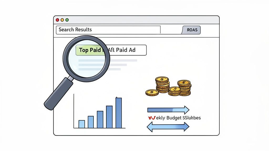 A browser window displaying search results, a top paid ad, budget allocation, and a performance bar chart.