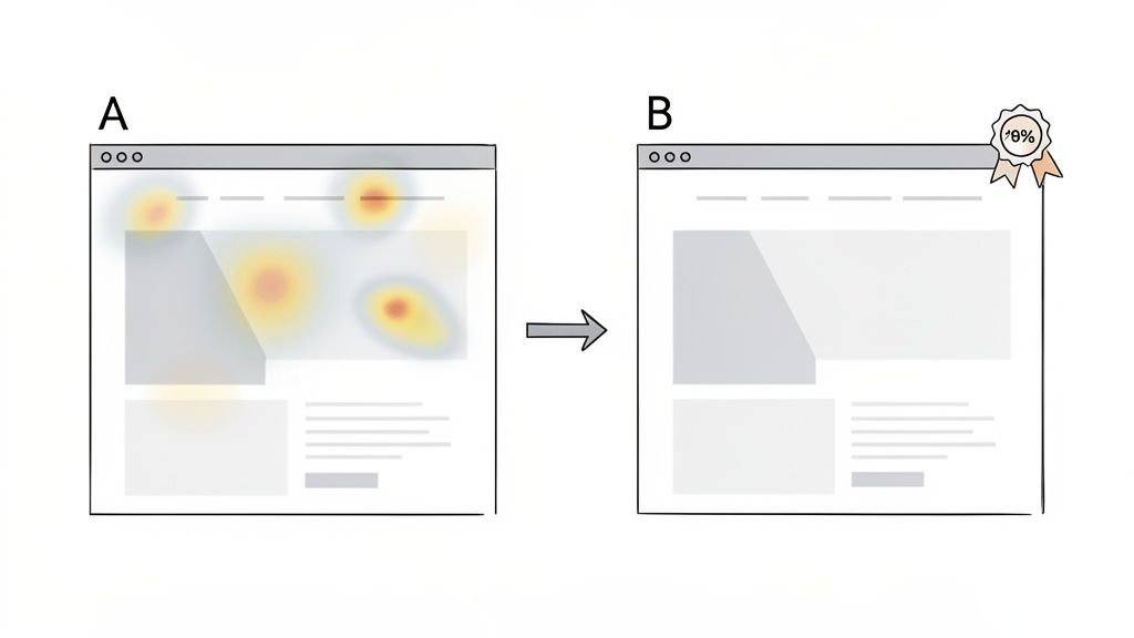 A/B test showing website user engagement heatmap (A) and an optimized layout (B) with an 8% uplift.