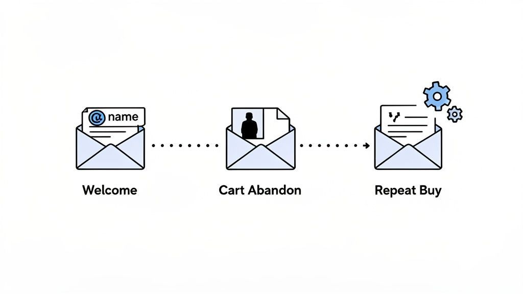 A visual representation of e-commerce email marketing strategies: welcome, cart abandon, and repeat buy campaigns.