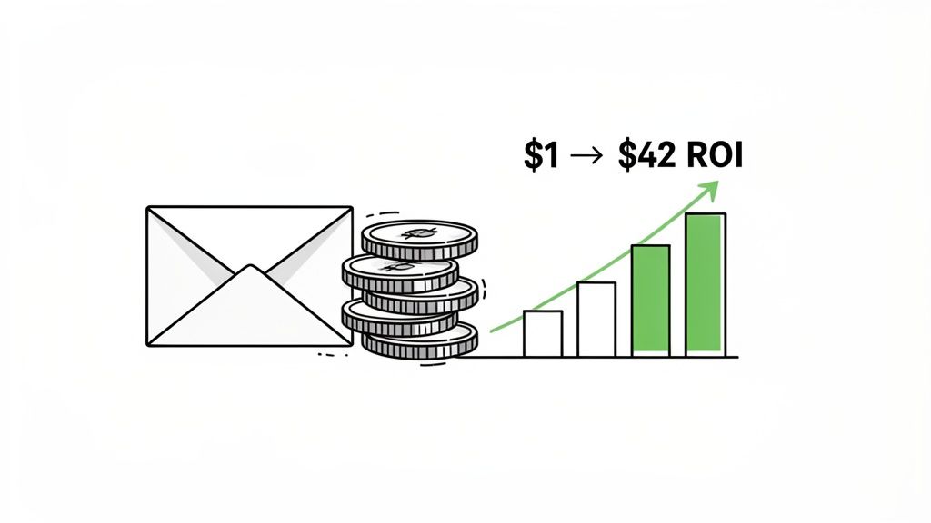 Illustration of email marketing's high ROI, demonstrating a $1 investment yields a $42 return.