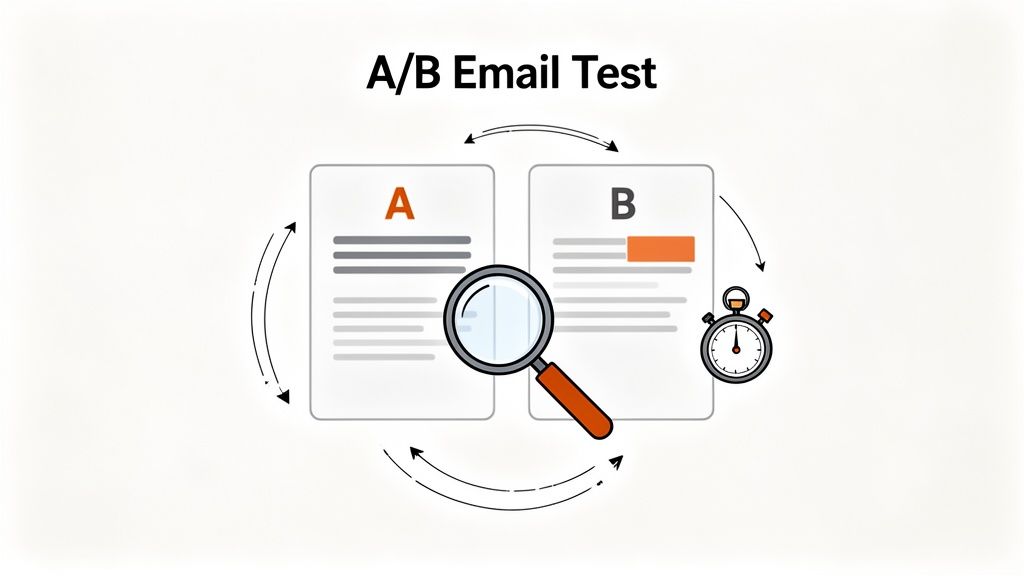 An illustration of an A/B email test comparing two email versions, A and B, with a magnifying glass and a stopwatch.