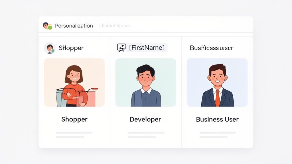 A user interface displaying personalization options with three user profiles: shopper, developer, and business user.