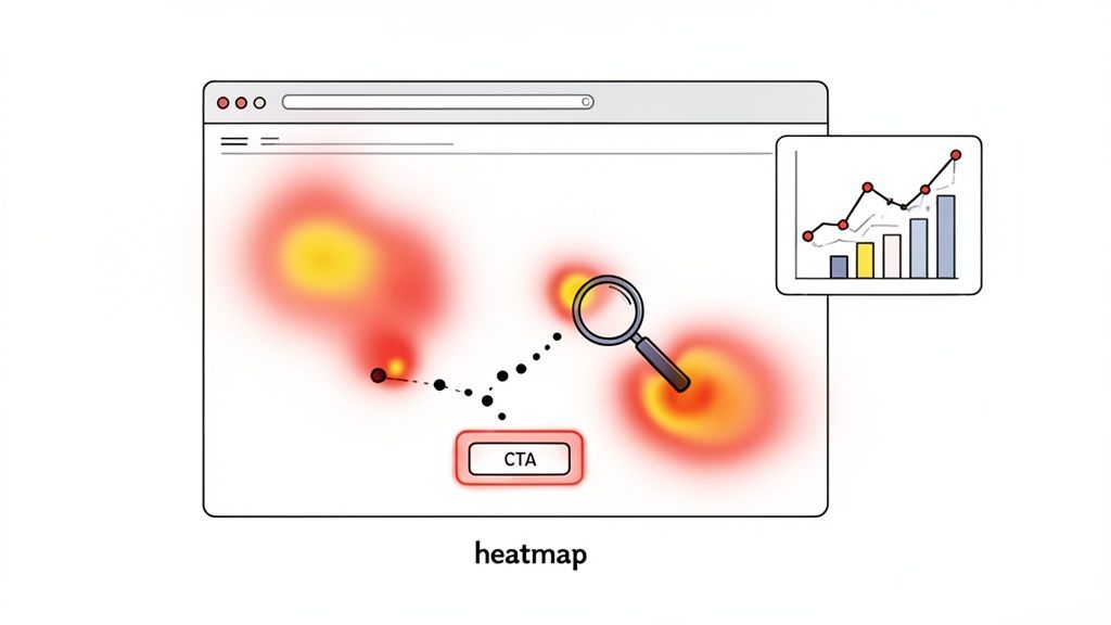 A webpage showing a heatmap with user activity, a path to a CTA button, and a data chart.
