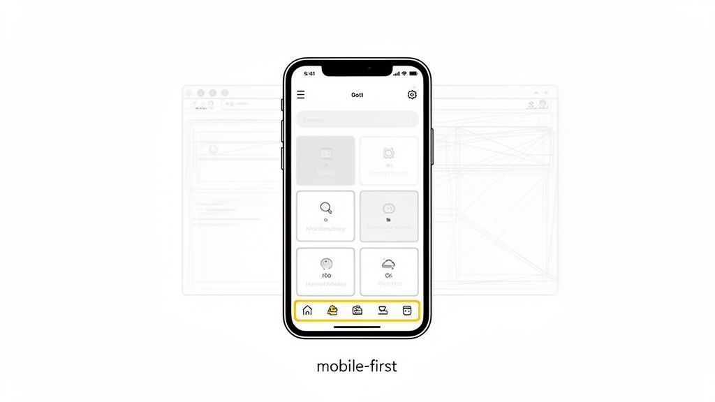 A smartphone showing a mobile application user interface with a grid of icons, highlighting mobile-first design.