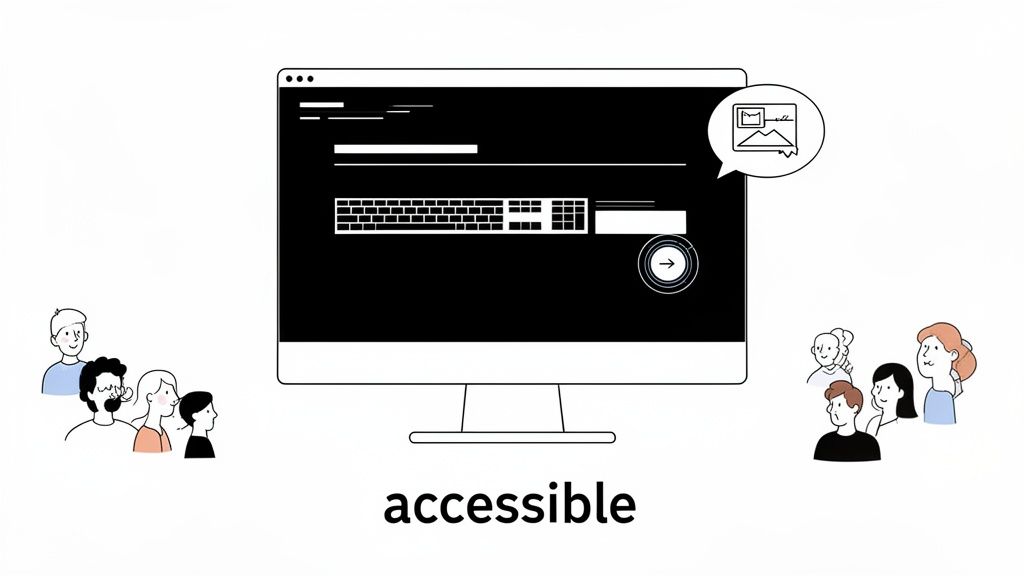 Diverse people view an accessible computer interface with a keyboard and an image icon.