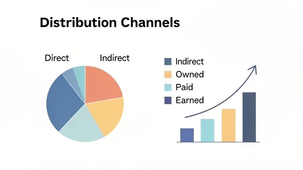 An infographic showing distribution channels with a pie chart breakdown and a bar chart indicating growth.