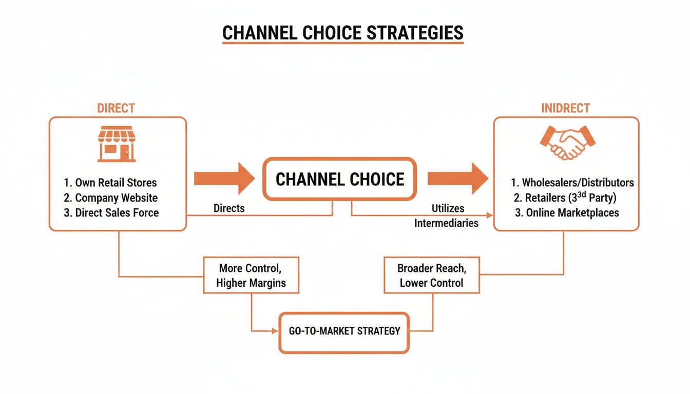 Flowchart illustrating channel choice strategies, detailing direct channels for control and indirect channels for broader reach.