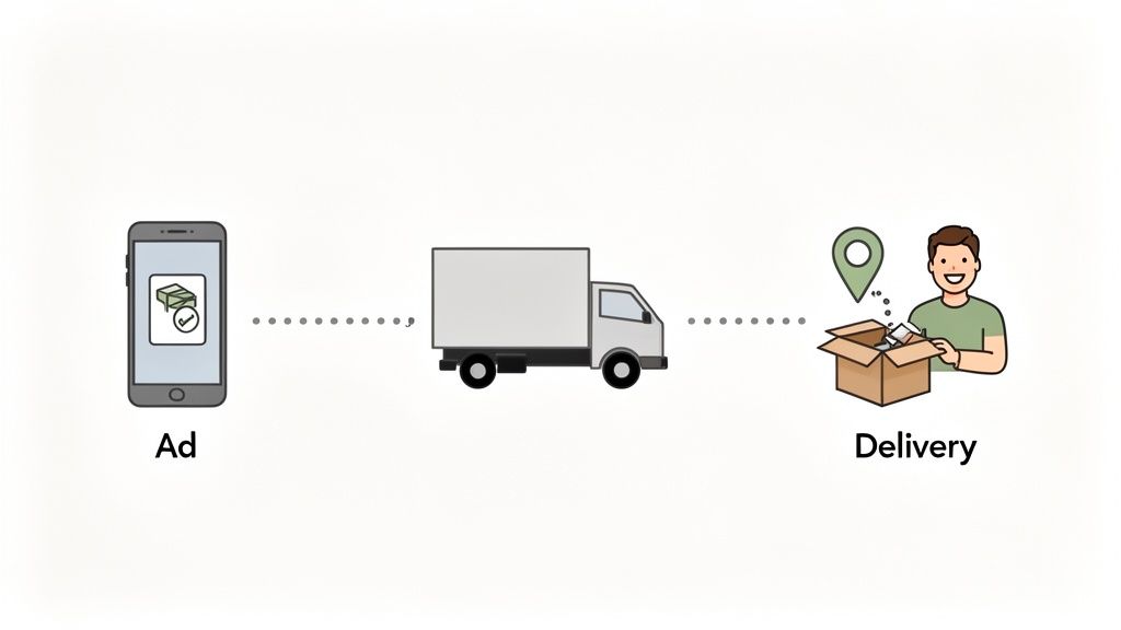 A diagram showing an ad on a smartphone, a delivery truck, and a person receiving a package.