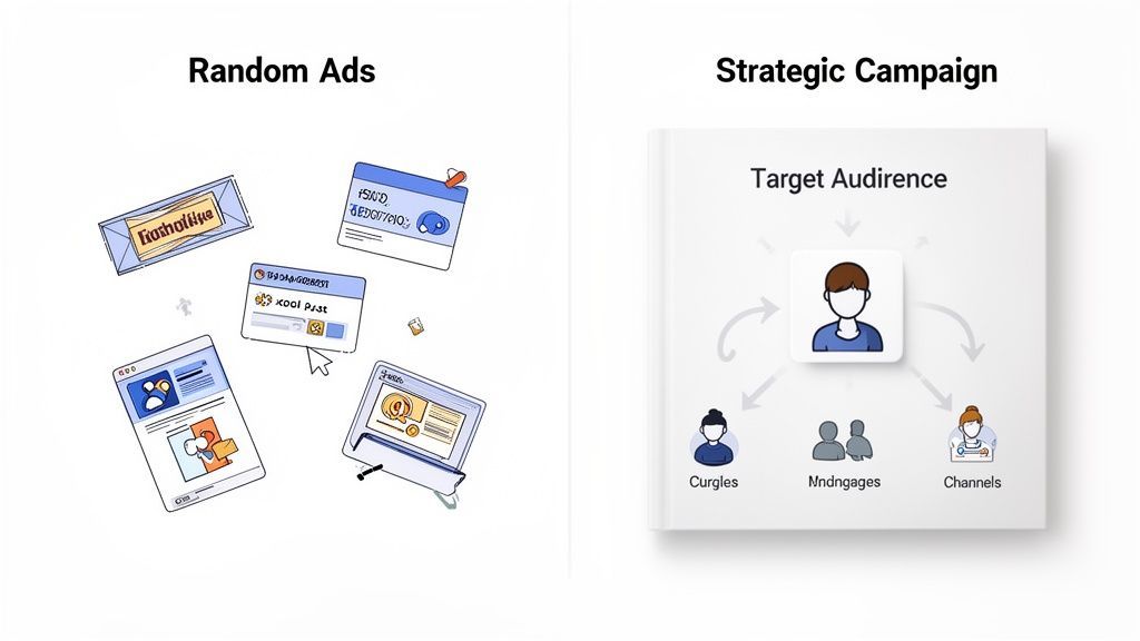 Visual comparing random ads with a strategic campaign targeting specific audiences and channels effectively.