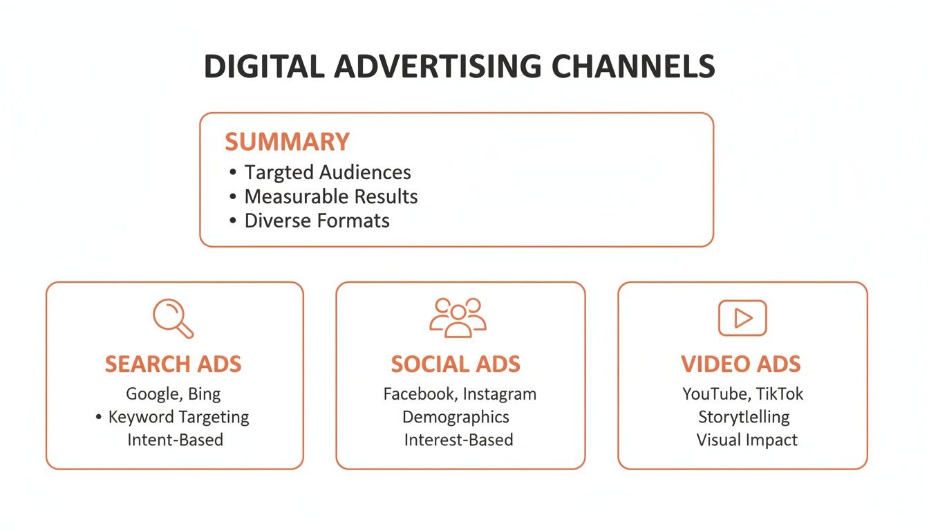 A diagram illustrating digital advertising channels including search, social, and video ads with key features.