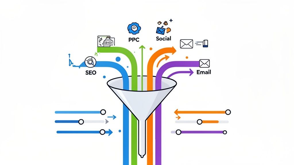 A marketing funnel showing various digital marketing channels like SEO, PPC, Social, and Email.