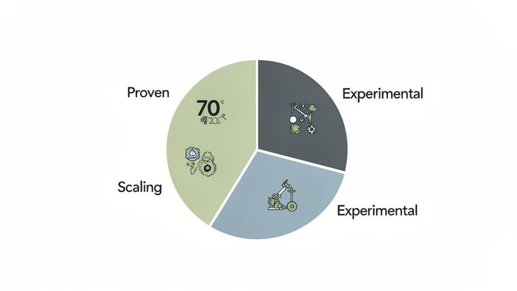 A pie chart illustrating resource allocation: 70% for proven and scaling, 30% for experimental projects.